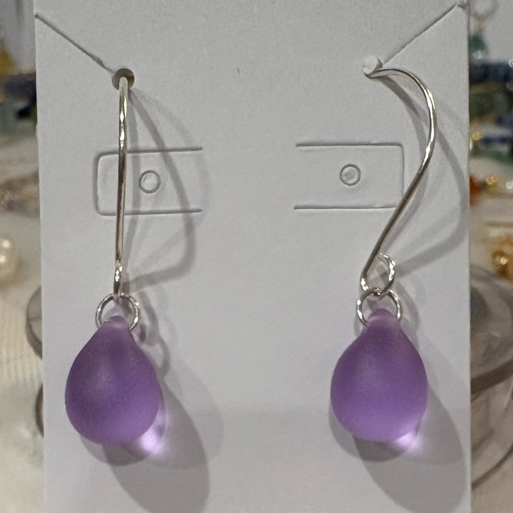 Artisan Sea Glass Purple Drop Earrings on Sterling